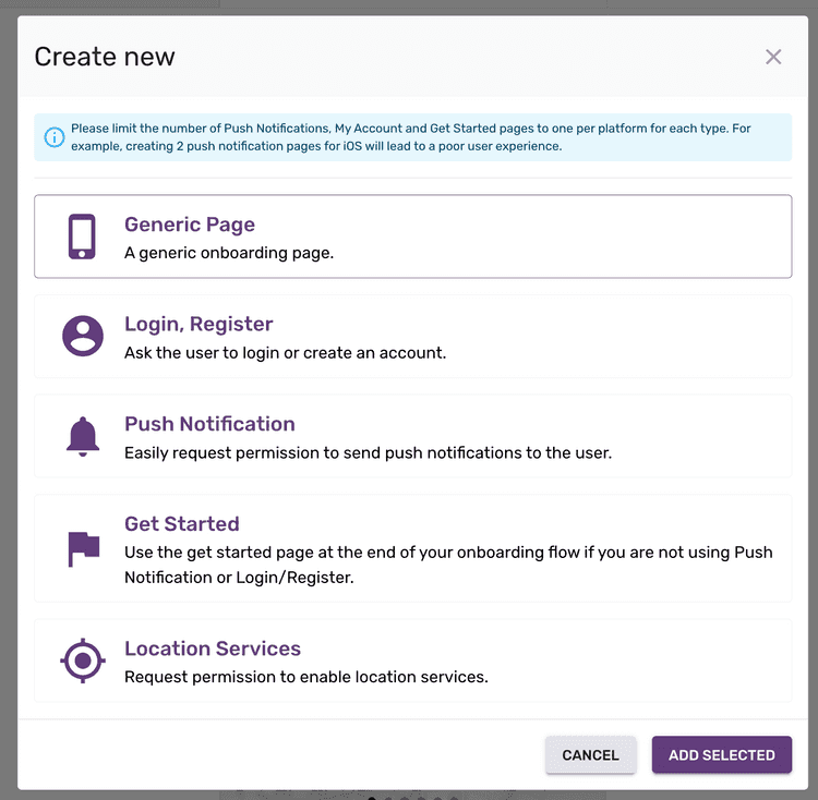 The screen types to choose from for onboarding