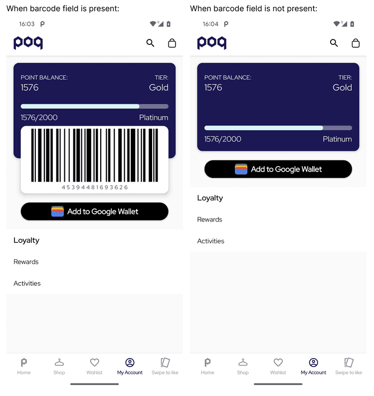 Loyalty - BarCode Card screens