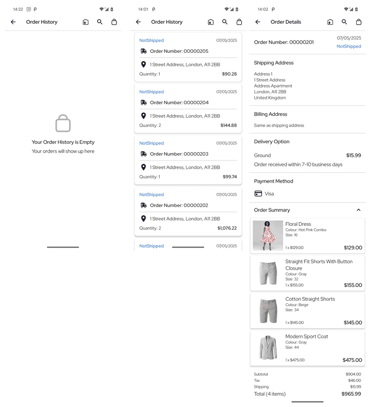 Order History screens