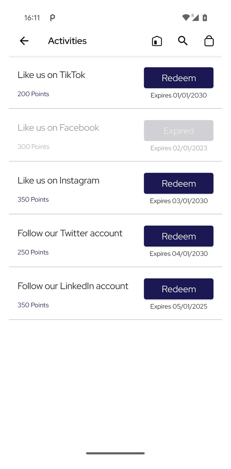 Loyalty - Activities screens